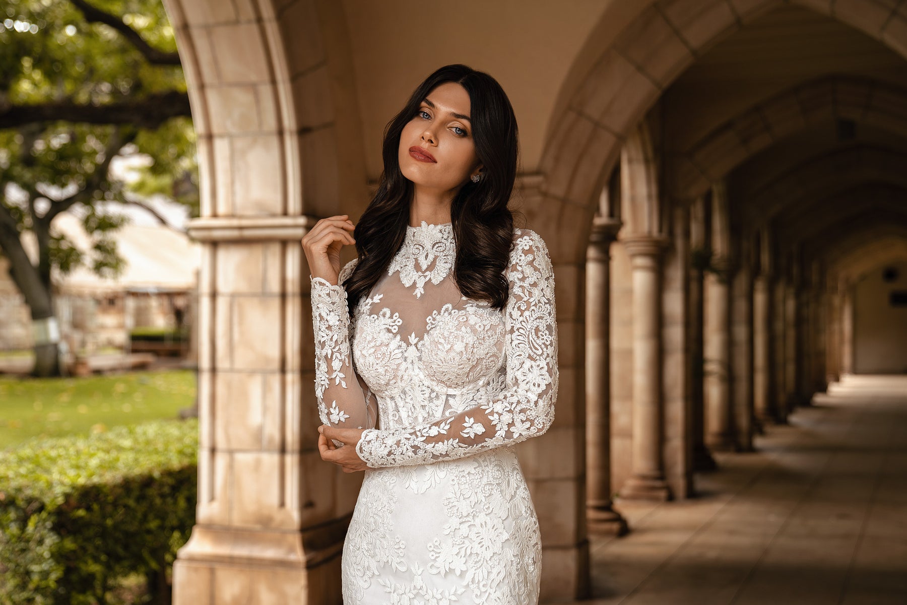 Sheath Wedding Dress with High Neck and Detachable Overskirt