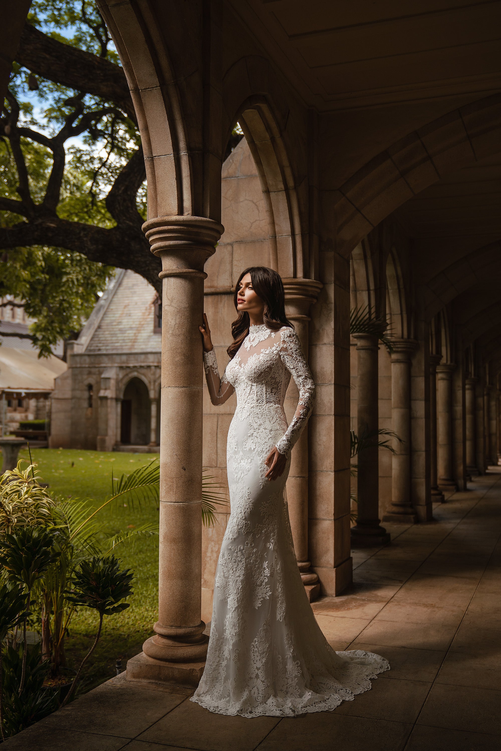 Sheath Wedding Dress with High Neck and Detachable Overskirt