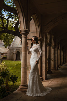 Sheath Wedding Dress with High Neck and Detachable Overskirt