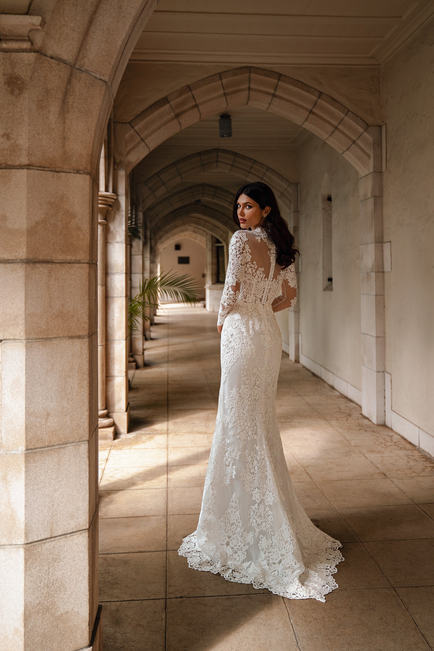 Sheath Wedding Dress with High Neck and Detachable Overskirt
