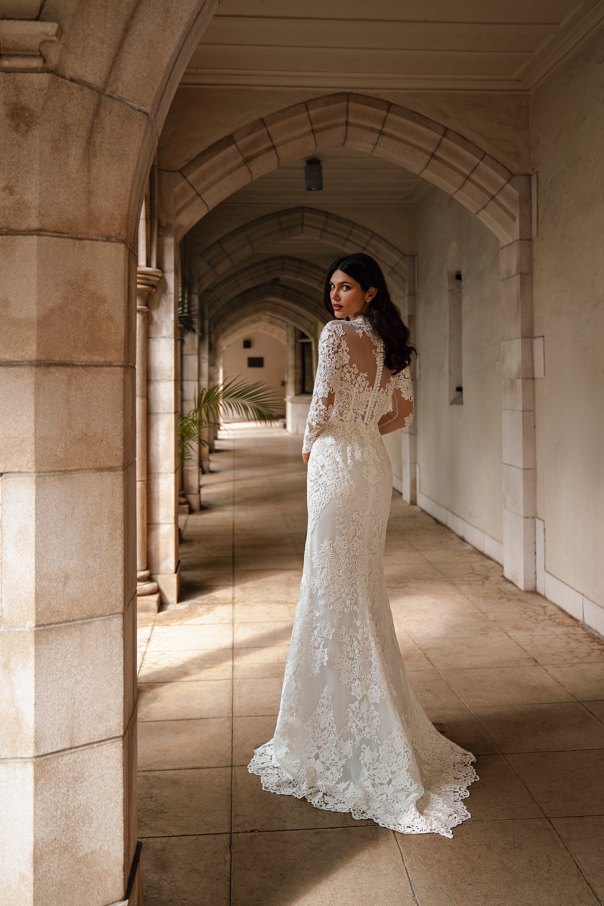 Sheath Wedding Dress with High Neck and Detachable Overskirt