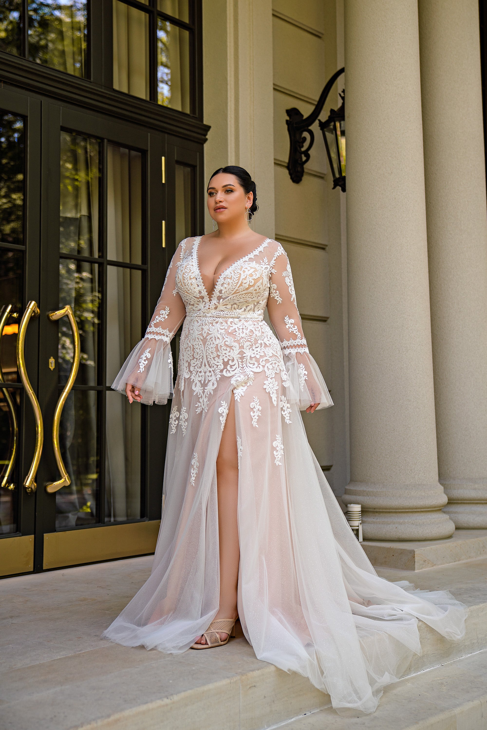 A-Line Wedding Dress with Illusion Lace Sleeves and High Slit