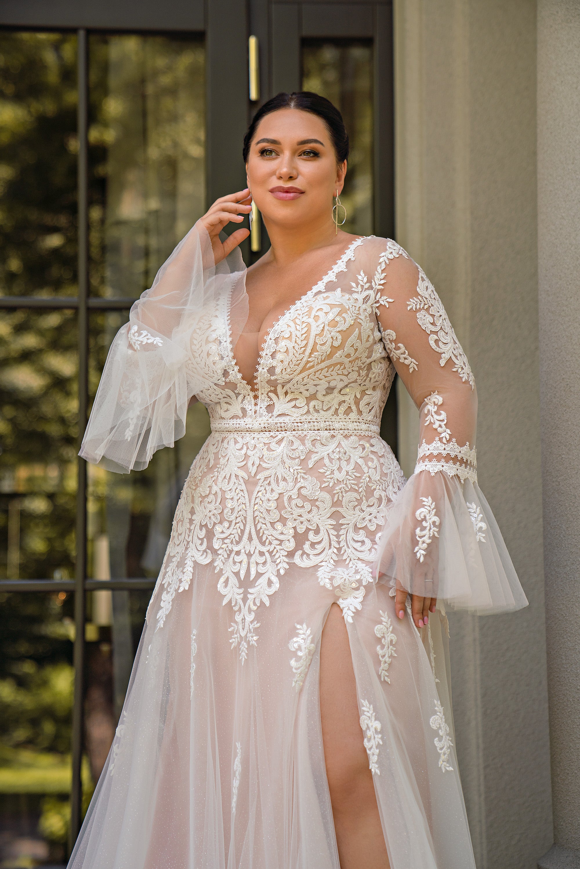A-Line Wedding Dress with Illusion Lace Sleeves and High Slit