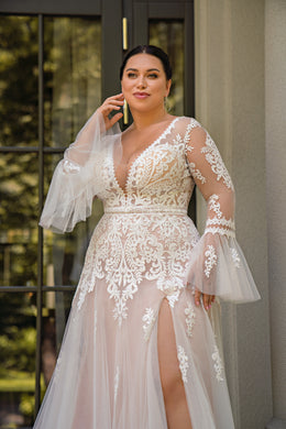 A-Line Wedding Dress with Illusion Lace Sleeves and High Slit