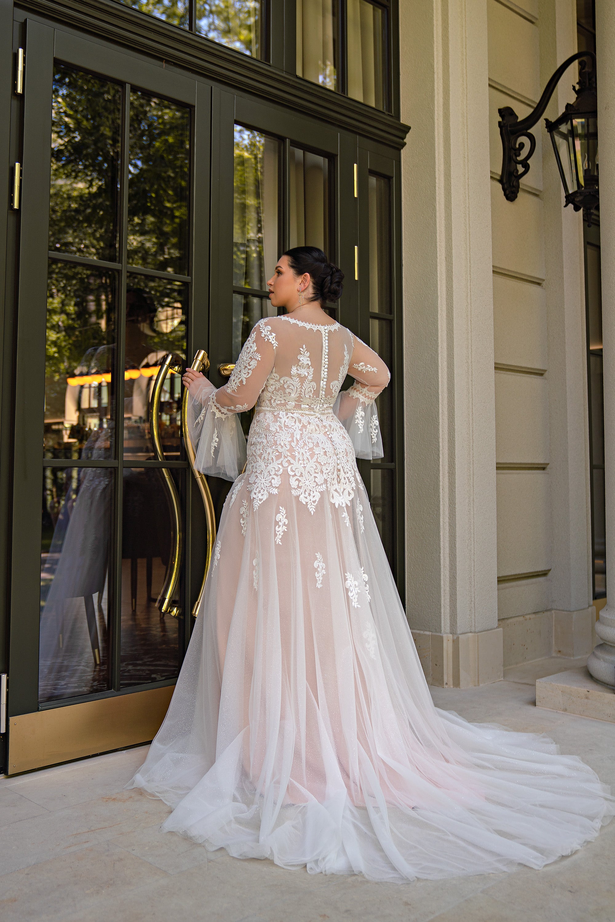 A-Line Wedding Dress with Illusion Lace Sleeves and High Slit