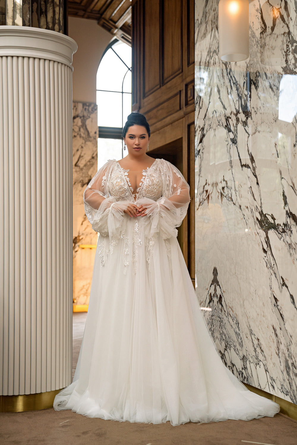 A-Line Wedding Dress with Beaded Lace Bodice and Bishop Sleeves