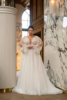 A-Line Wedding Dress with Beaded Lace Bodice and Bishop Sleeves
