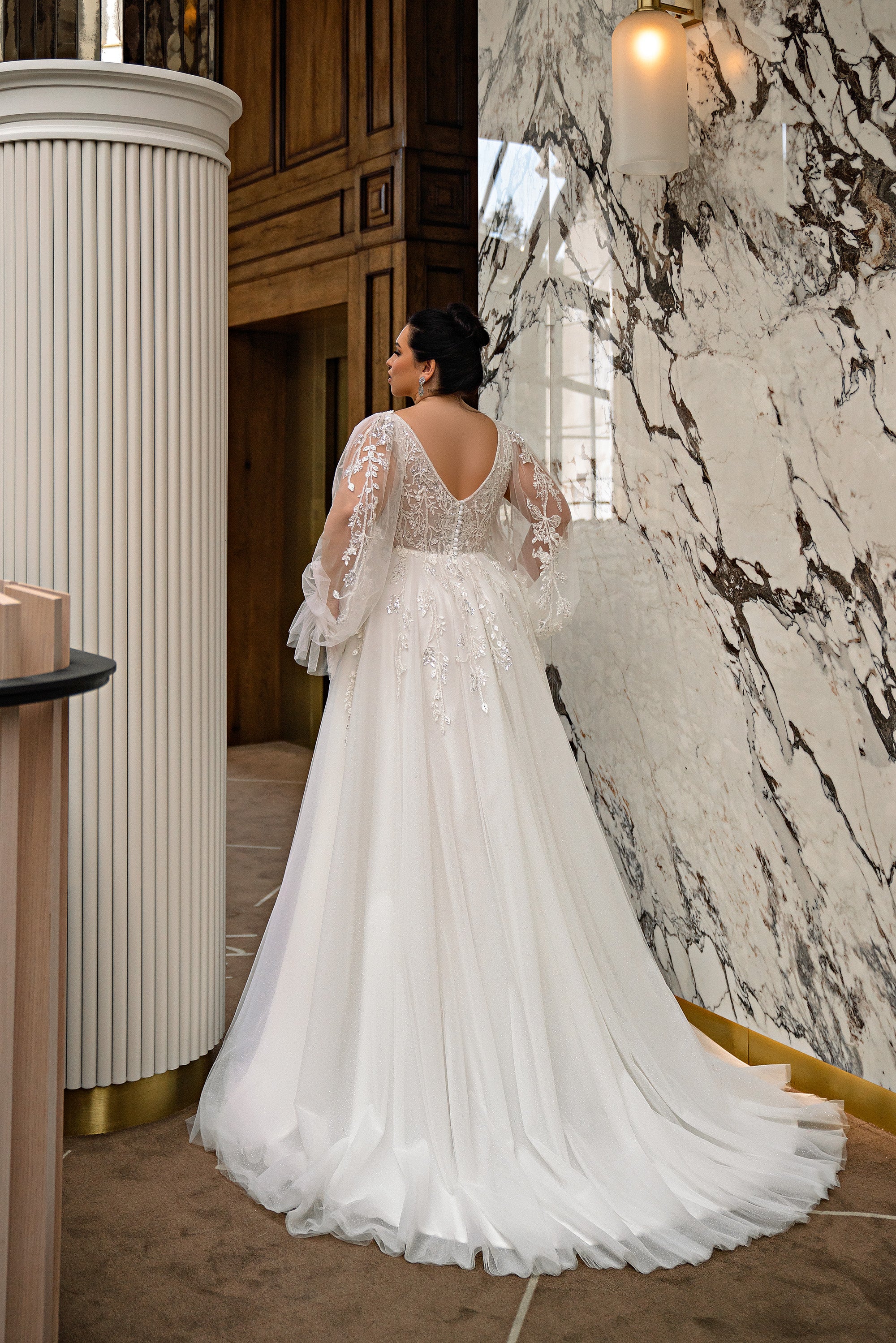 A-Line Wedding Dress with Beaded Lace Bodice and Bishop Sleeves