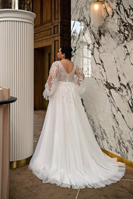 A-Line Wedding Dress with Beaded Lace Bodice and Bishop Sleeves