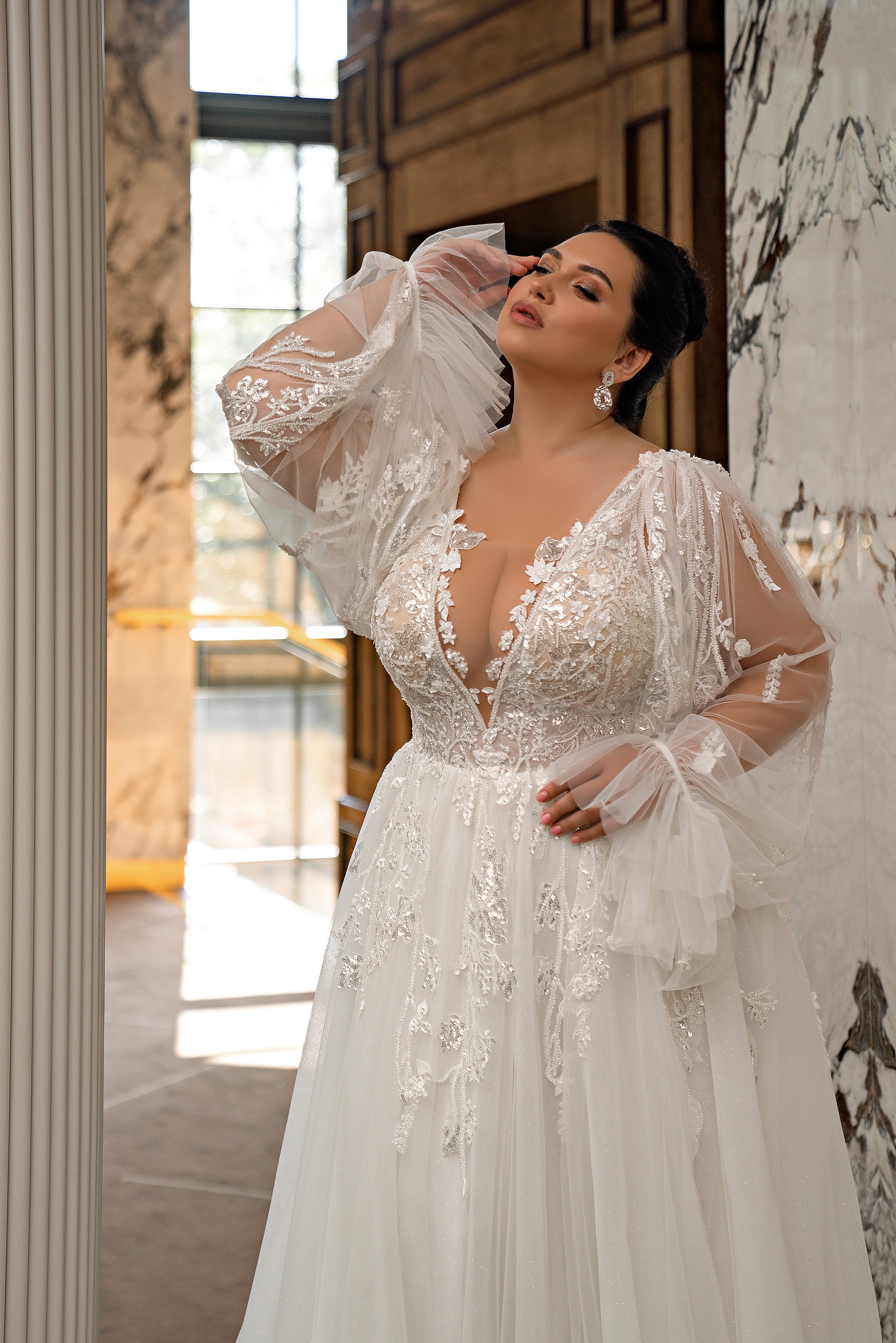 A-Line Wedding Dress with Beaded Lace Bodice and Bishop Sleeves