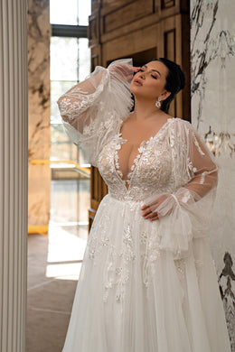 A-Line Wedding Dress with Beaded Lace Bodice and Bishop Sleeves