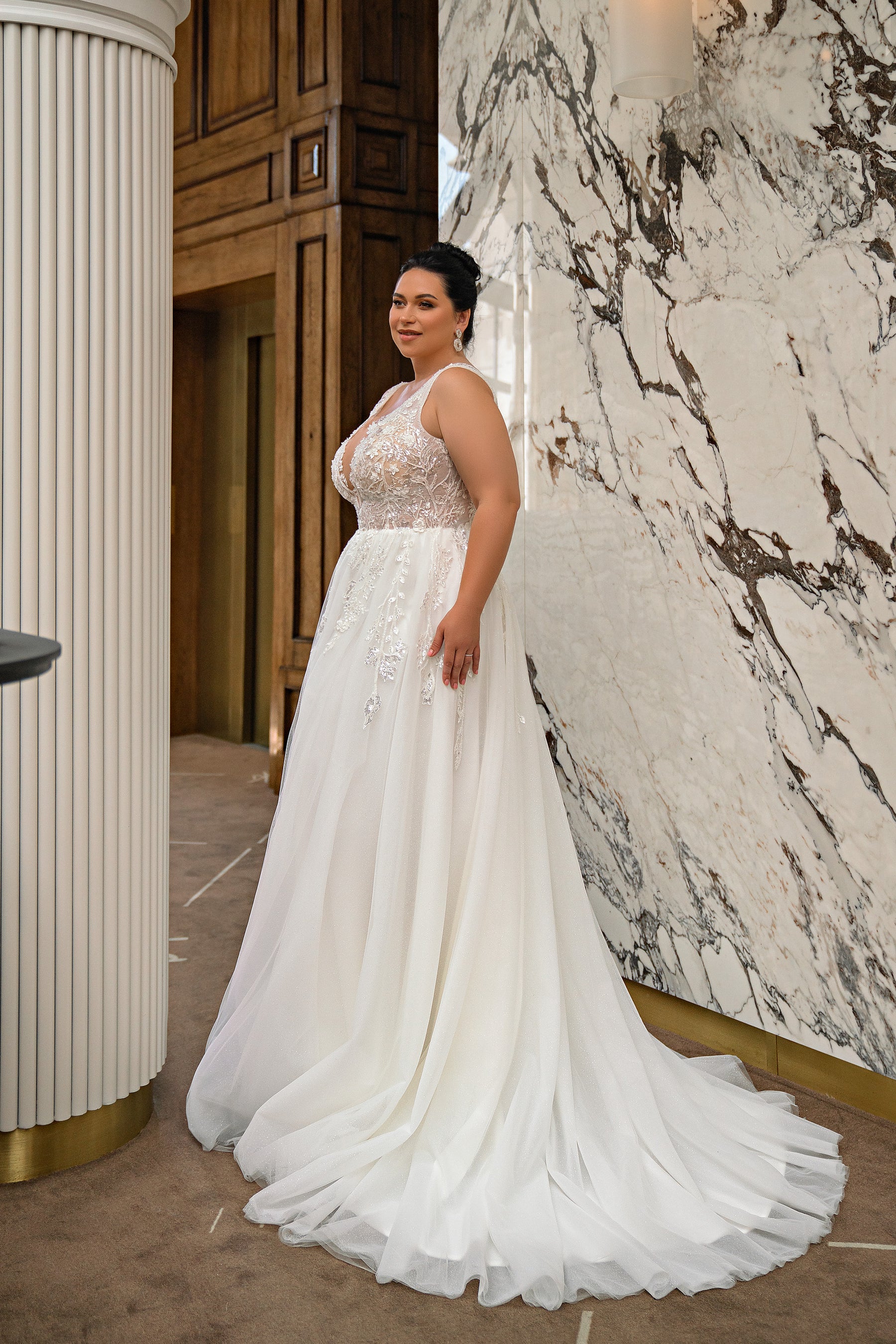 A-Line Wedding Dress with Beaded Lace Bodice and Bishop Sleeves