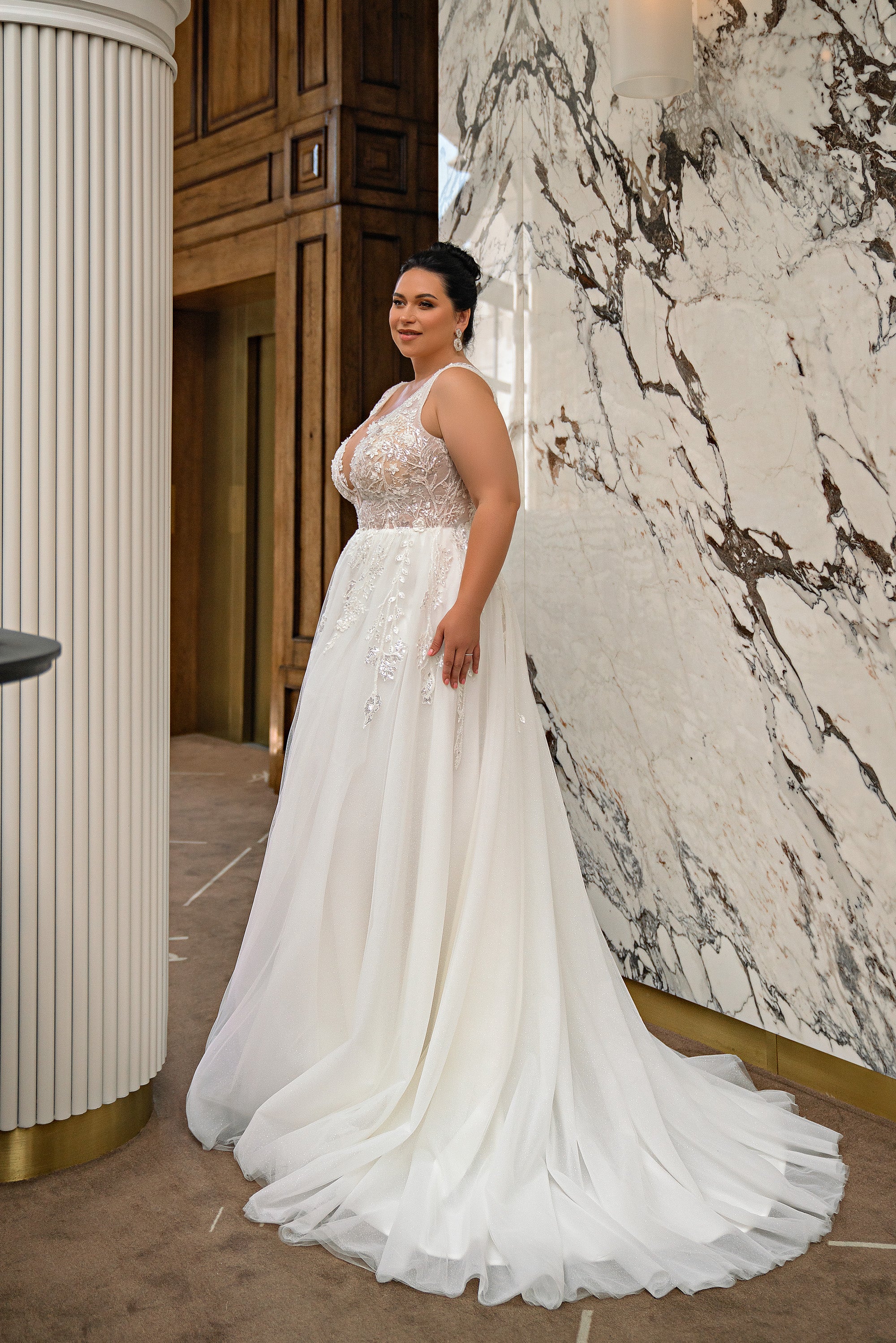 A-Line Wedding Dress with Beaded Lace Bodice and Bishop Sleeves