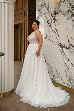 A-Line Wedding Dress with Beaded Lace Bodice and Bishop Sleeves
