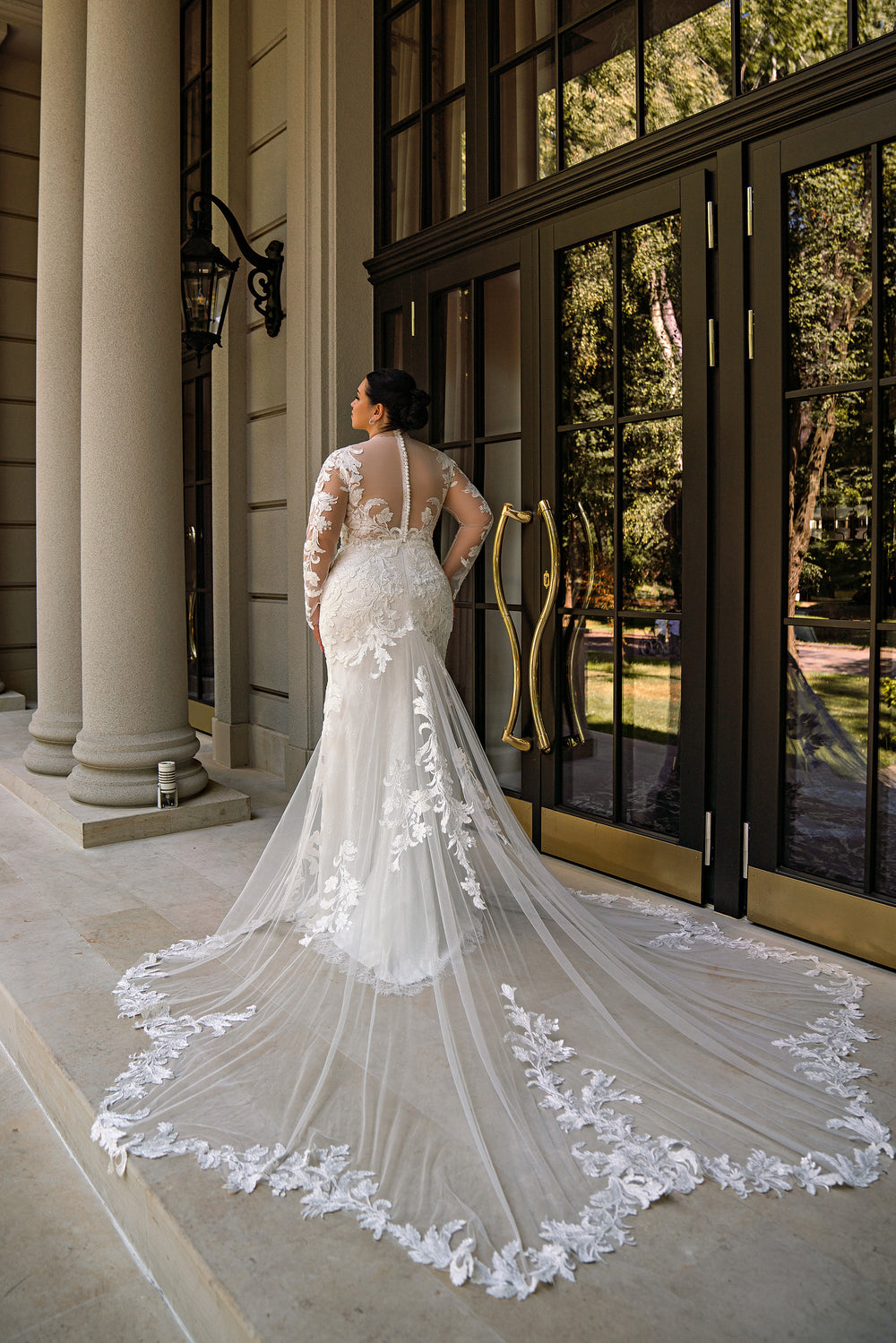 Mermaid Silhouette Wedding Dress with Floral Lace Appliqués, Long Sleeves, Embroidered Bodice, Cathedral Train