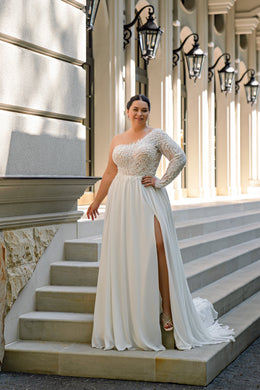 Plus Size A-Line Wedding Dress with Asymmetric Lace Bodice and Slit