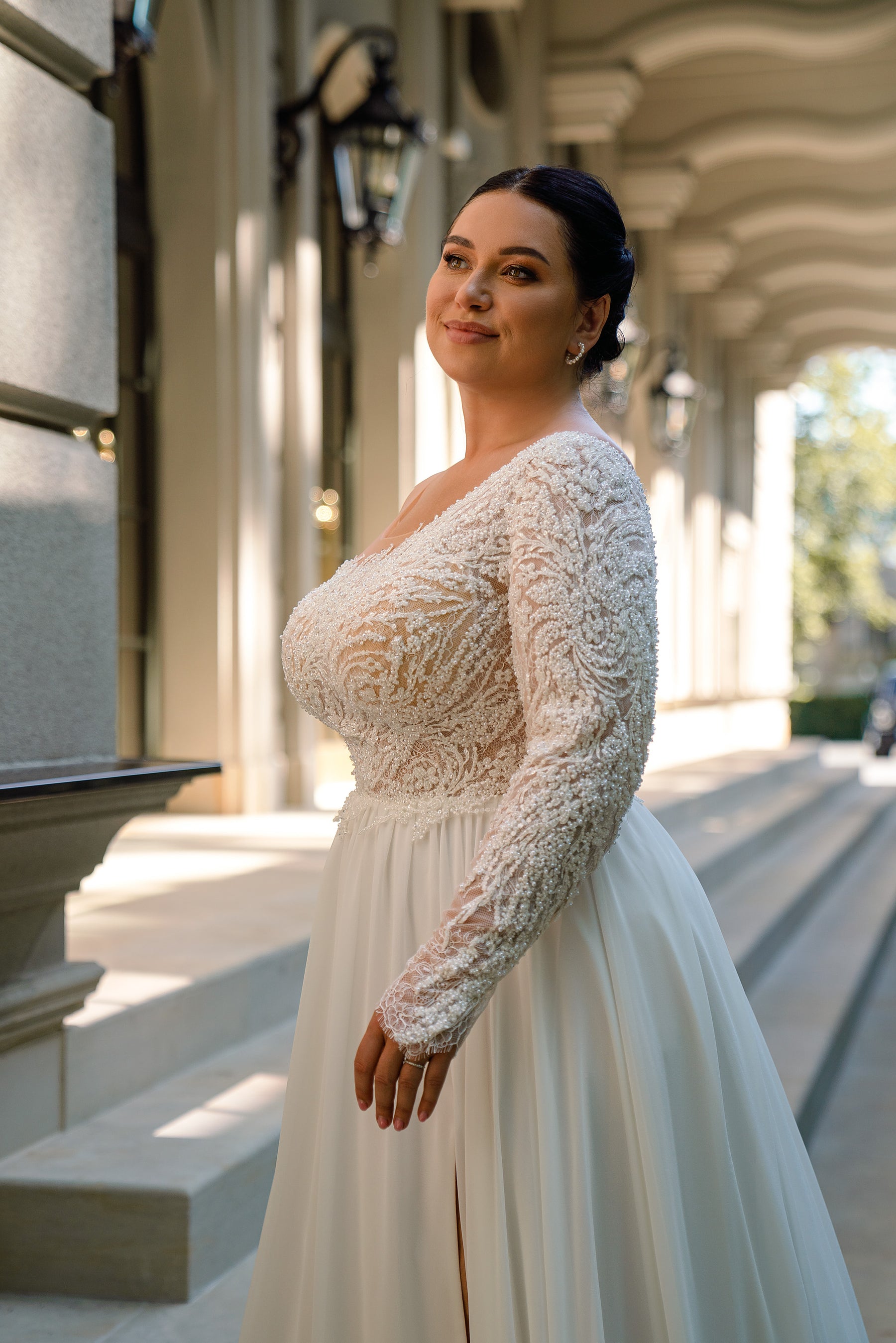Plus Size A-Line Wedding Dress with Asymmetric Lace Bodice and Slit