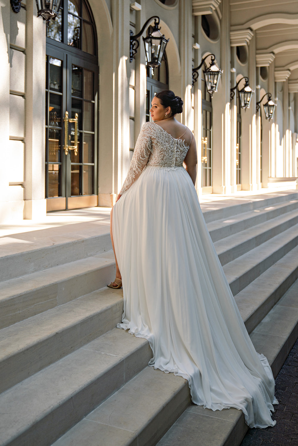 Plus Size A-Line Wedding Dress with Asymmetric Lace Bodice and Slit