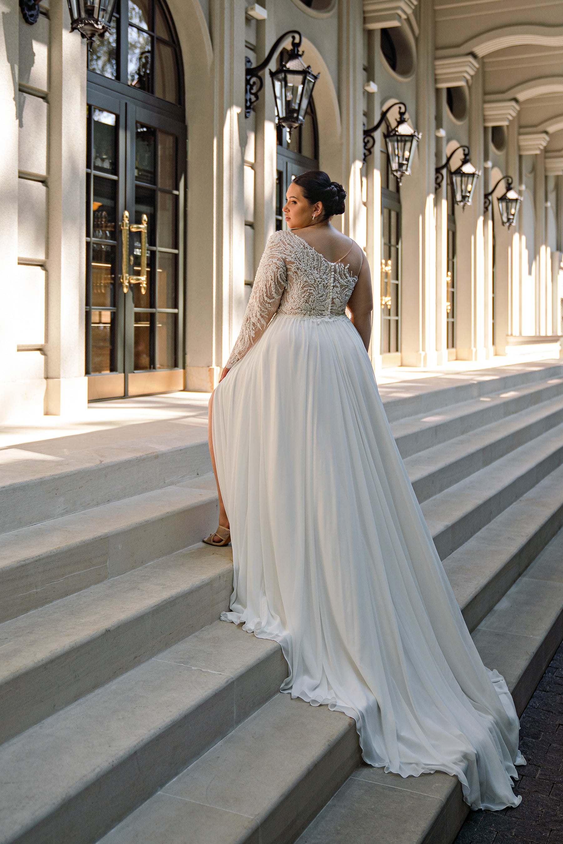 Plus Size A-Line Wedding Dress with Asymmetric Lace Bodice and Slit