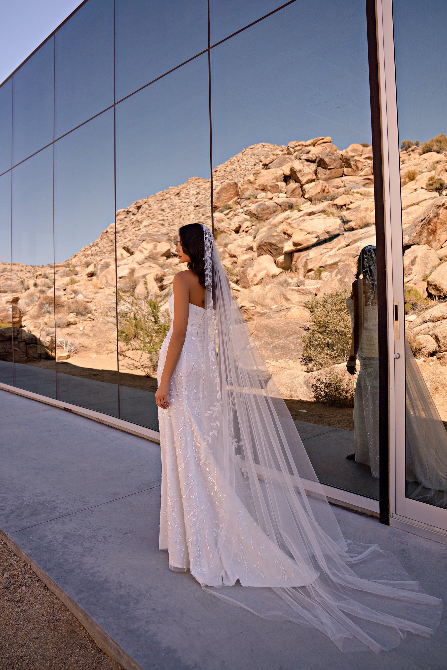 White wedding dress with sparkling details and a long sheer trailing overlay visible from the back