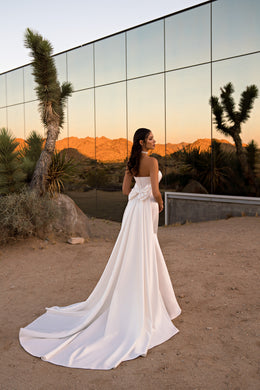 Open-back ivory wedding dress with a fitted waist and dramatically extended train