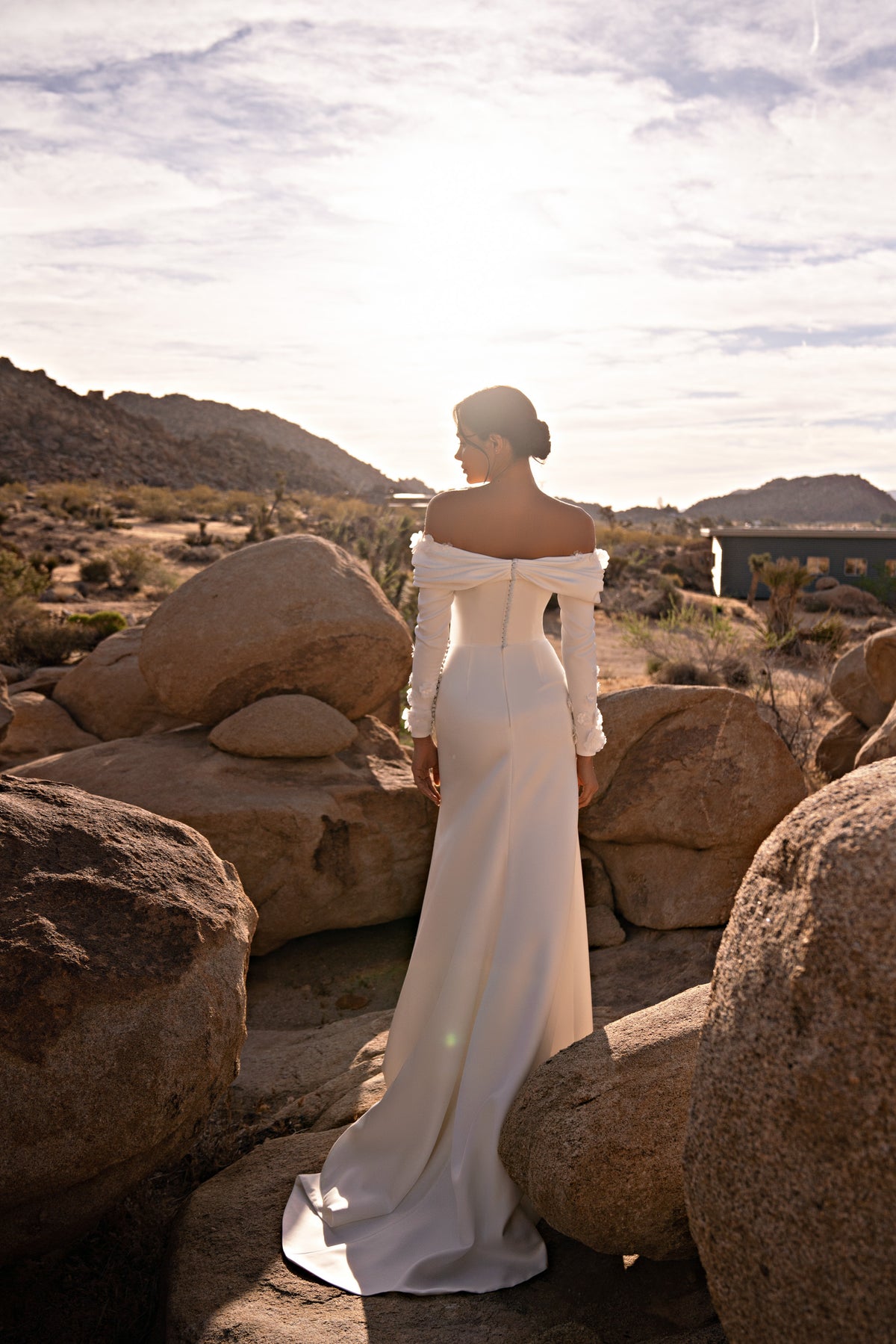 Back view of an ivory wedding dress with an off-the-shoulder back, long sleeves, fitted skirt, and train