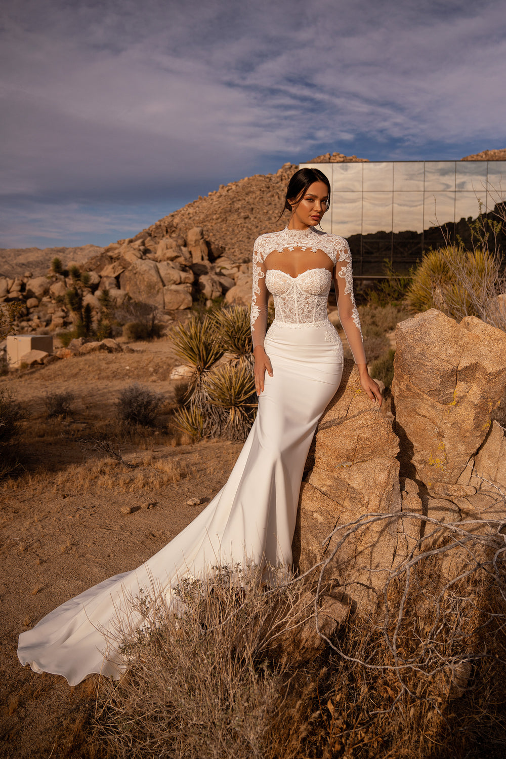 Mermaid Wedding Dress with Illusion Lace High Neck and Long Sleeves