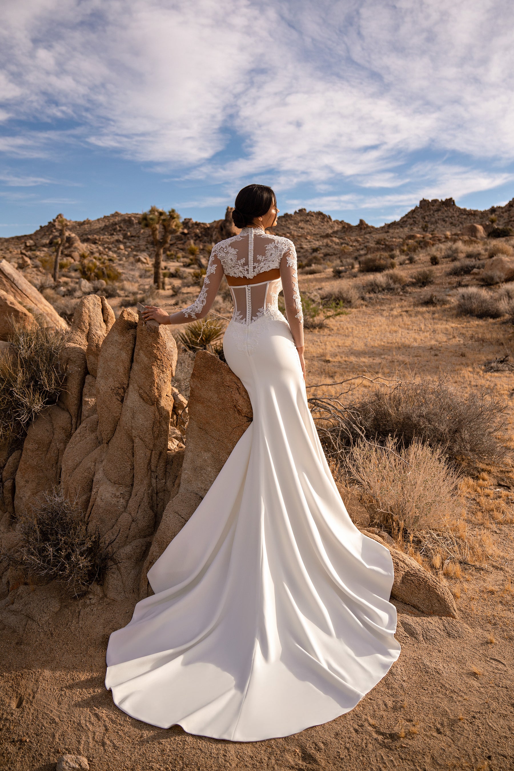 Mermaid Wedding Dress with Illusion Lace High Neck and Long Sleeves
