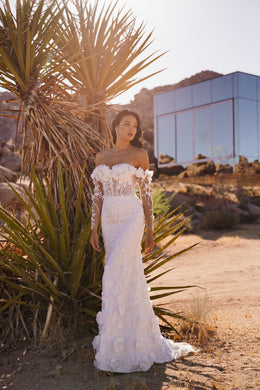 Ivory mermaid wedding dress with off-the-shoulder floral lace sleeves and a long scalloped train