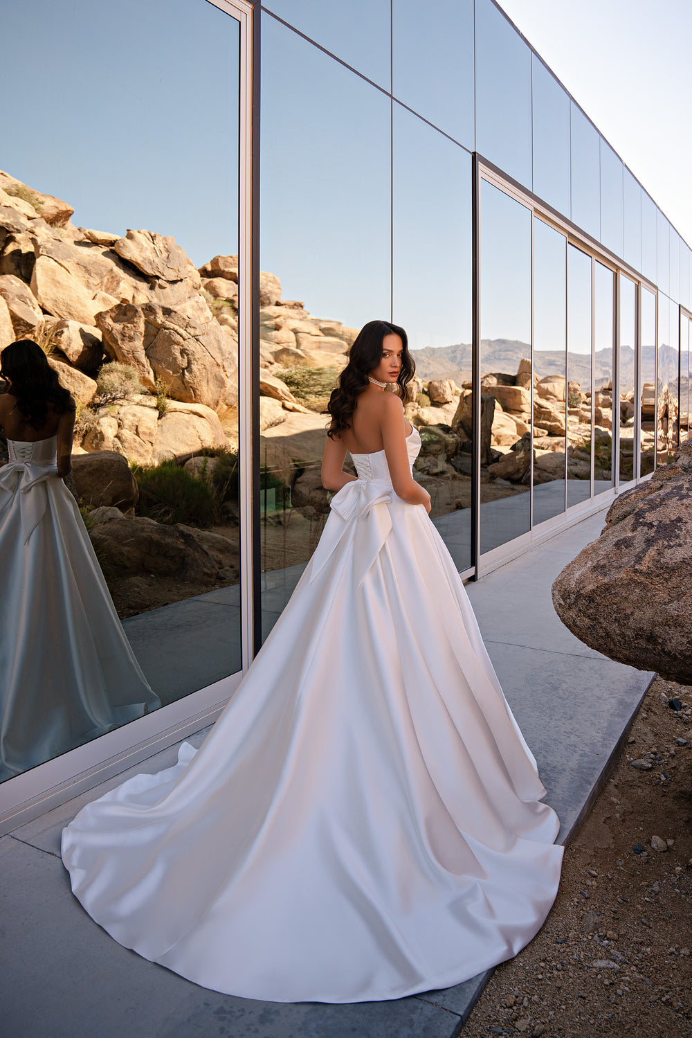 A-Line Wedding Dress with Strapless Draped Bodice and Bow Back