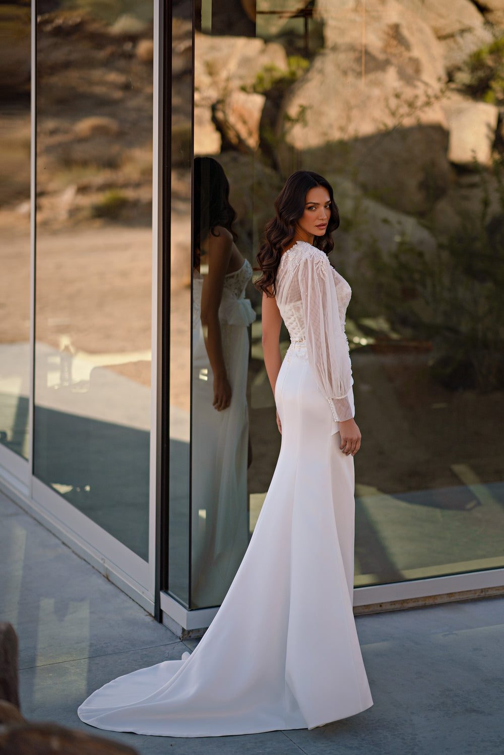 One-Shoulder Sheath Wedding Dress with Lace Bodice and High Slit
