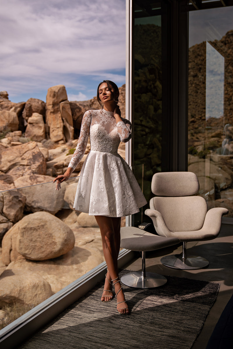 High Neck Mini Wedding Dress with Long Lace Sleeves