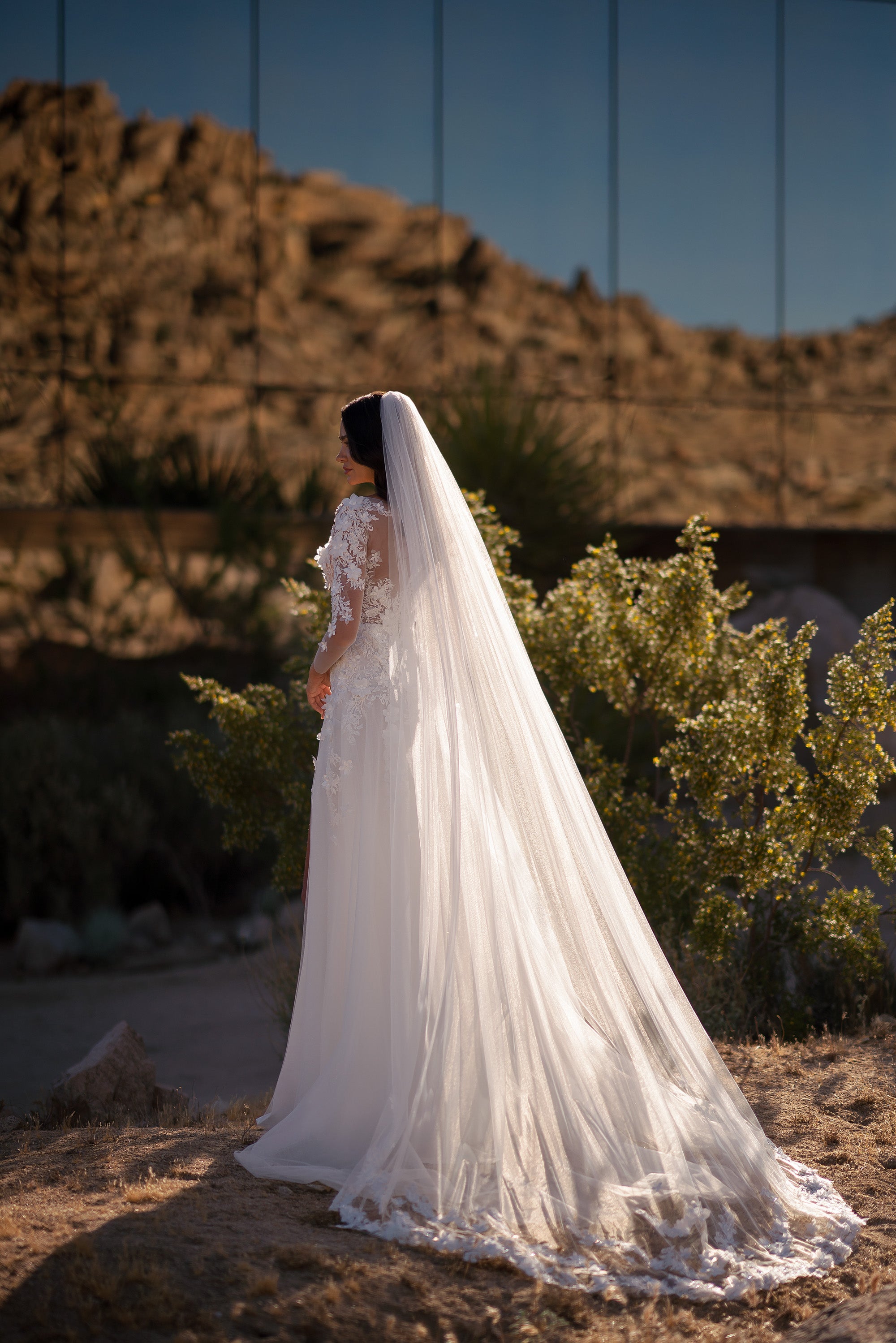 Ivory wedding dress with lace sleeves, a long flowing train, and a full-length veil shown from behind