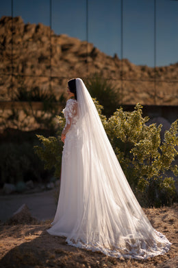 Ivory wedding dress with lace sleeves, a long flowing train, and a full-length veil shown from behind