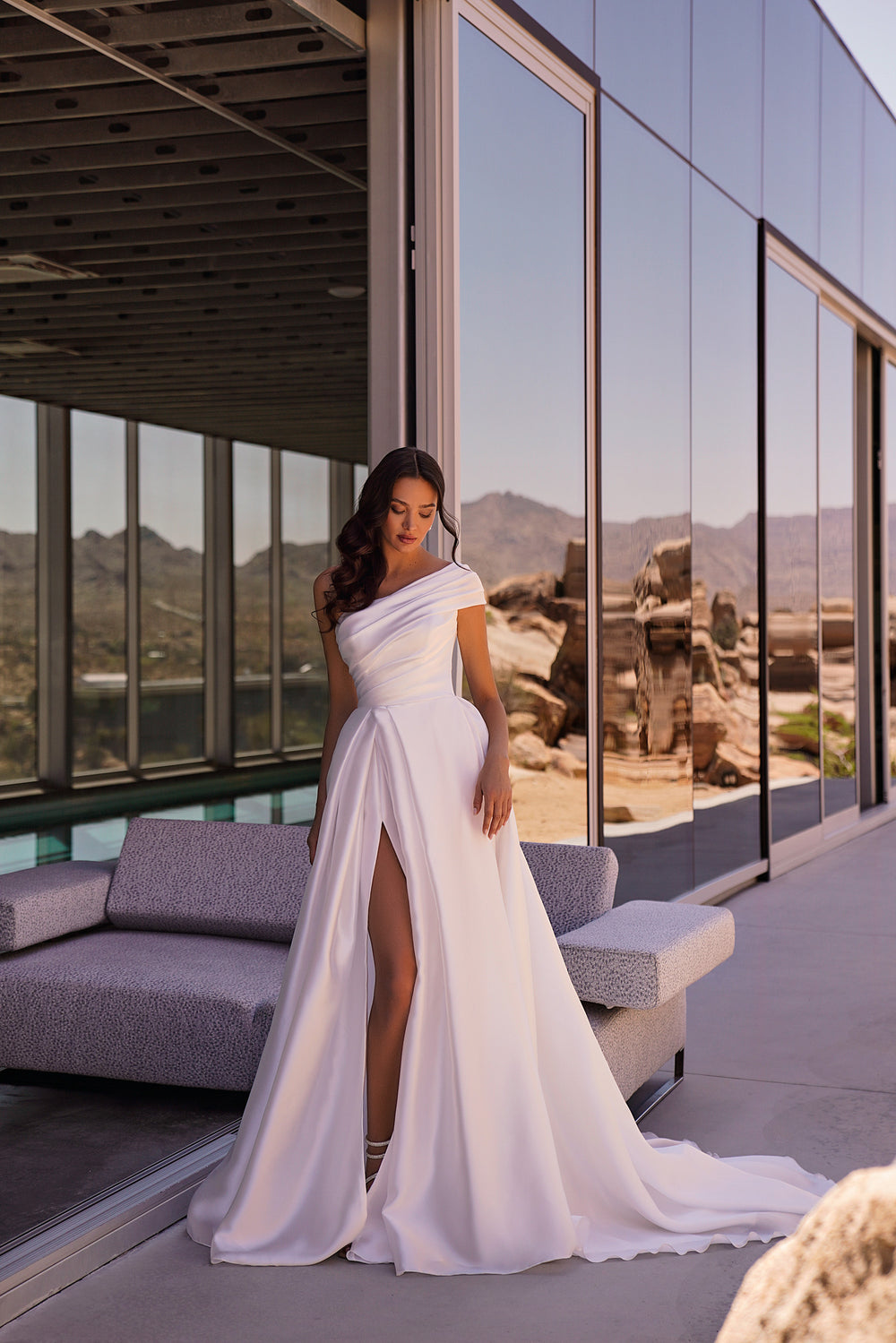 A-Line Satin Wedding Dress with Asymmetric Neckline and High Slit