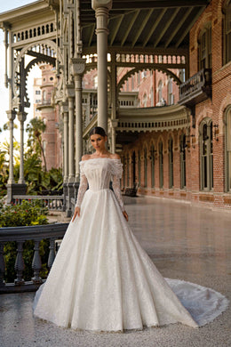 Off-the-Shoulder Sparkly Ball Gown Wedding Dress with Detachable Sleeves