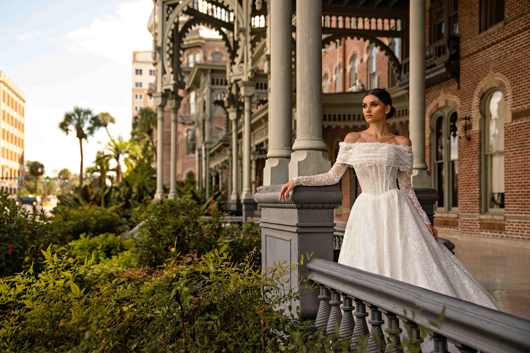 Off-the-Shoulder Sparkly Ball Gown Wedding Dress with Detachable Sleeves