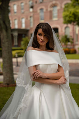 Off-the-Shoulder Satin Ball Gown Wedding Dress with Basque Waist
