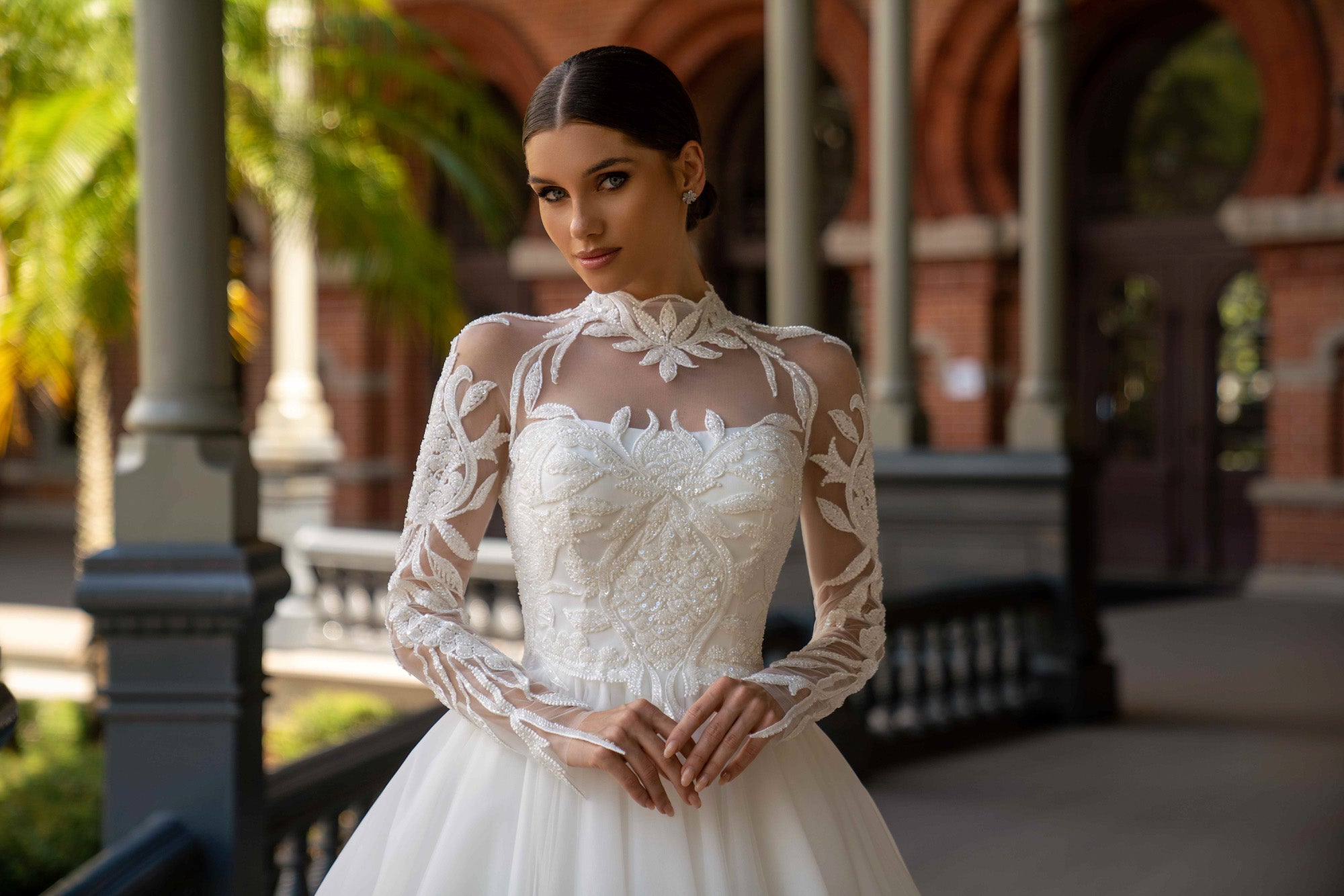 High Neck Long Sleeve Lace Ball Gown Wedding Dress