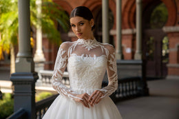 High Neck Long Sleeve Lace Ball Gown Wedding Dress