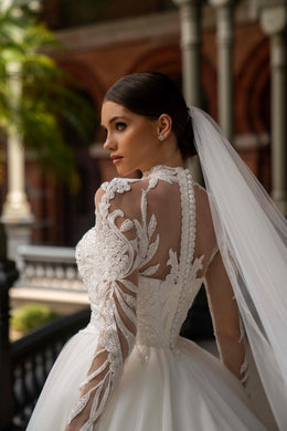 High Neck Long Sleeve Lace Ball Gown Wedding Dress