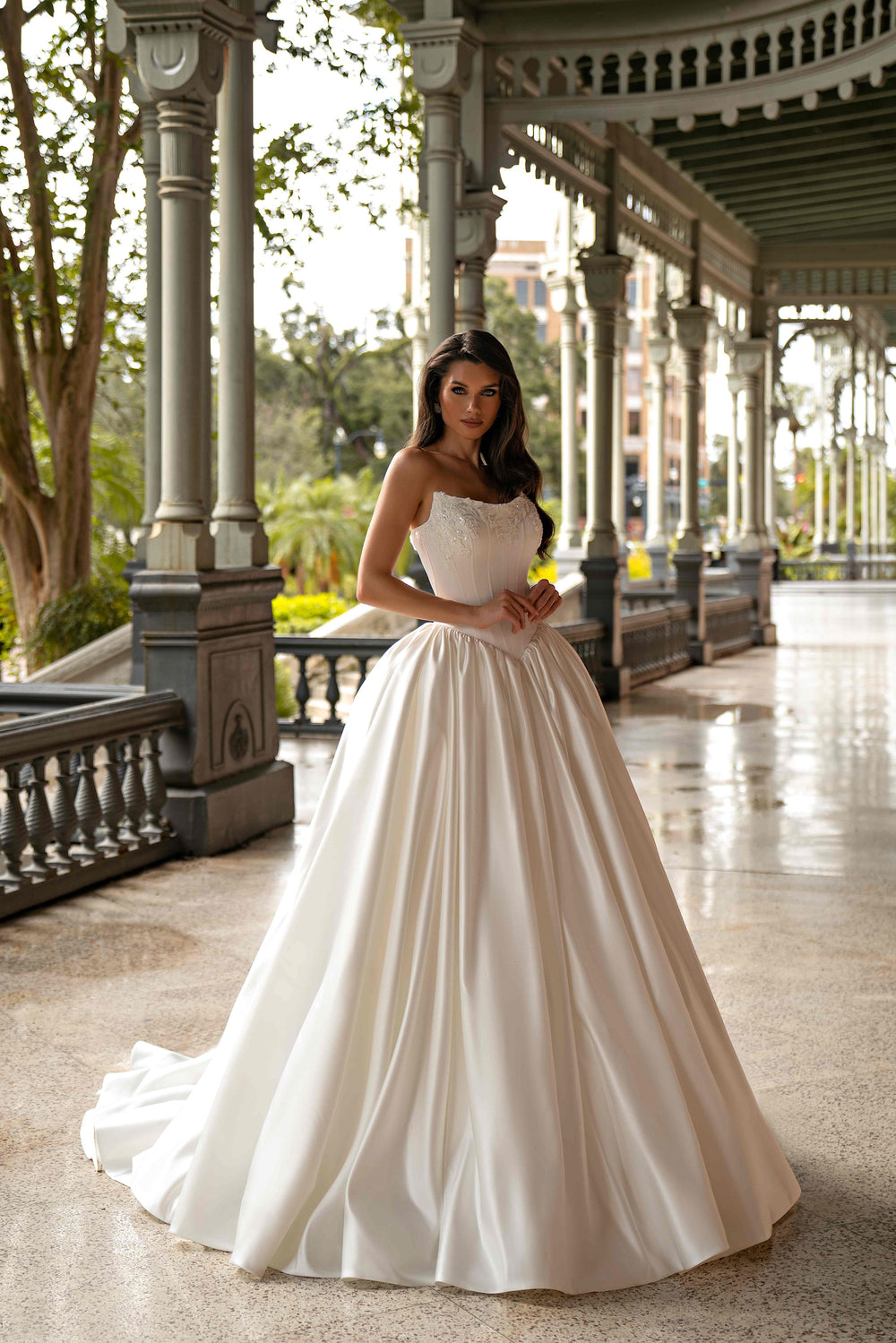 Strapless Satin Ball Gown Wedding Dress with Beaded Lace Bodice