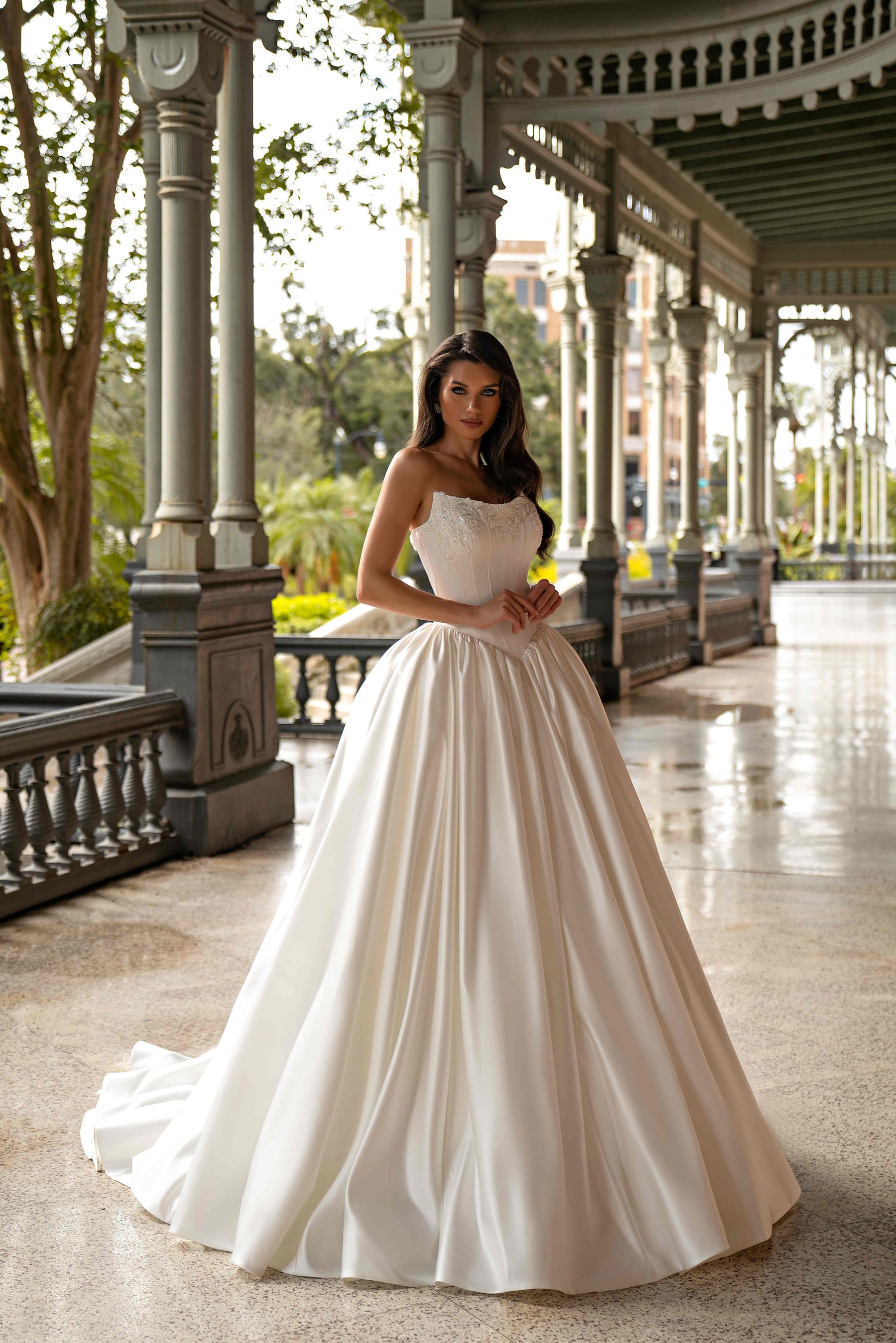 Strapless Satin Ball Gown Wedding Dress with Beaded Lace Bodice