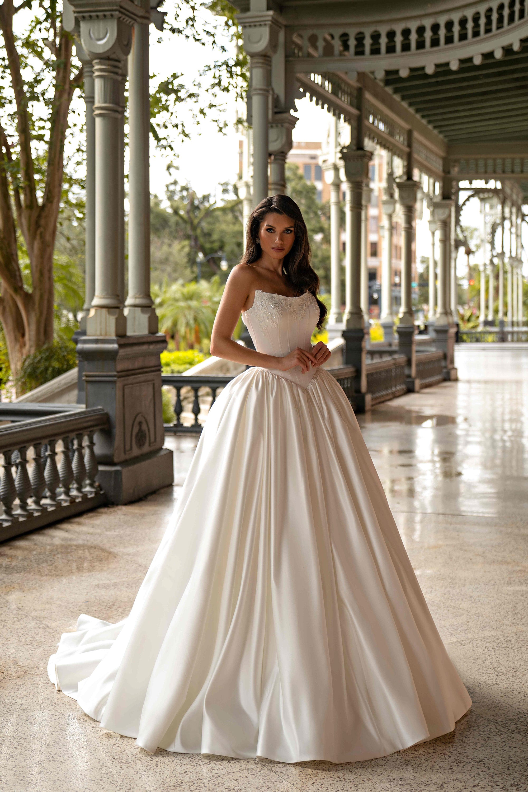Strapless Satin Ball Gown Wedding Dress with Beaded Lace Bodice