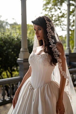 Strapless Satin Ball Gown Wedding Dress with Beaded Lace Bodice