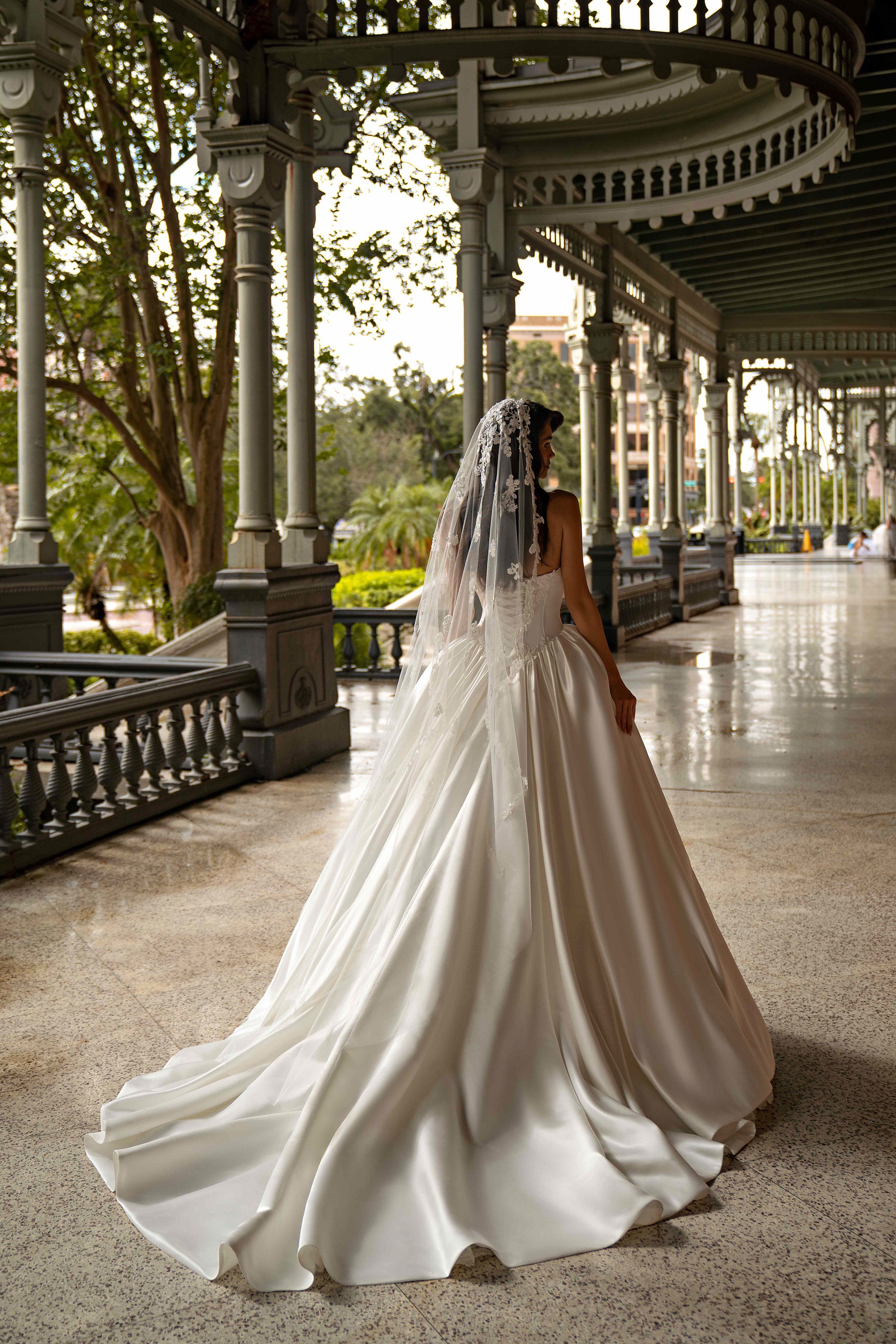 Strapless Satin Ball Gown Wedding Dress with Beaded Lace Bodice