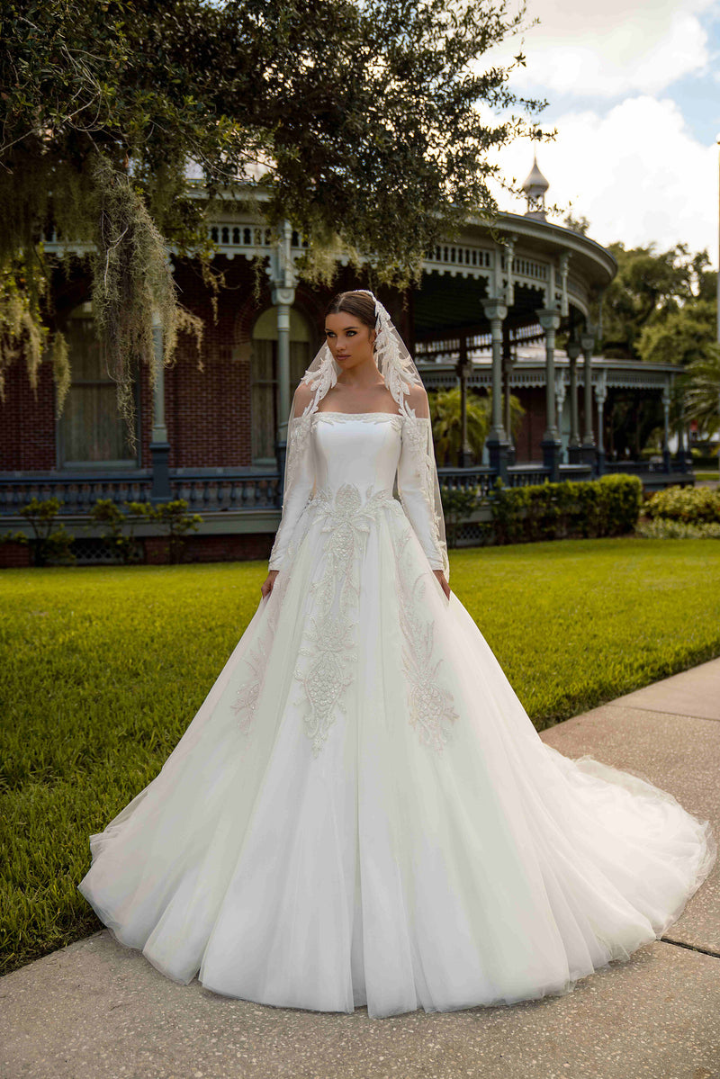 Ball Gown Tulle Wedding Dress with Off-Shoulder Long Sleeves