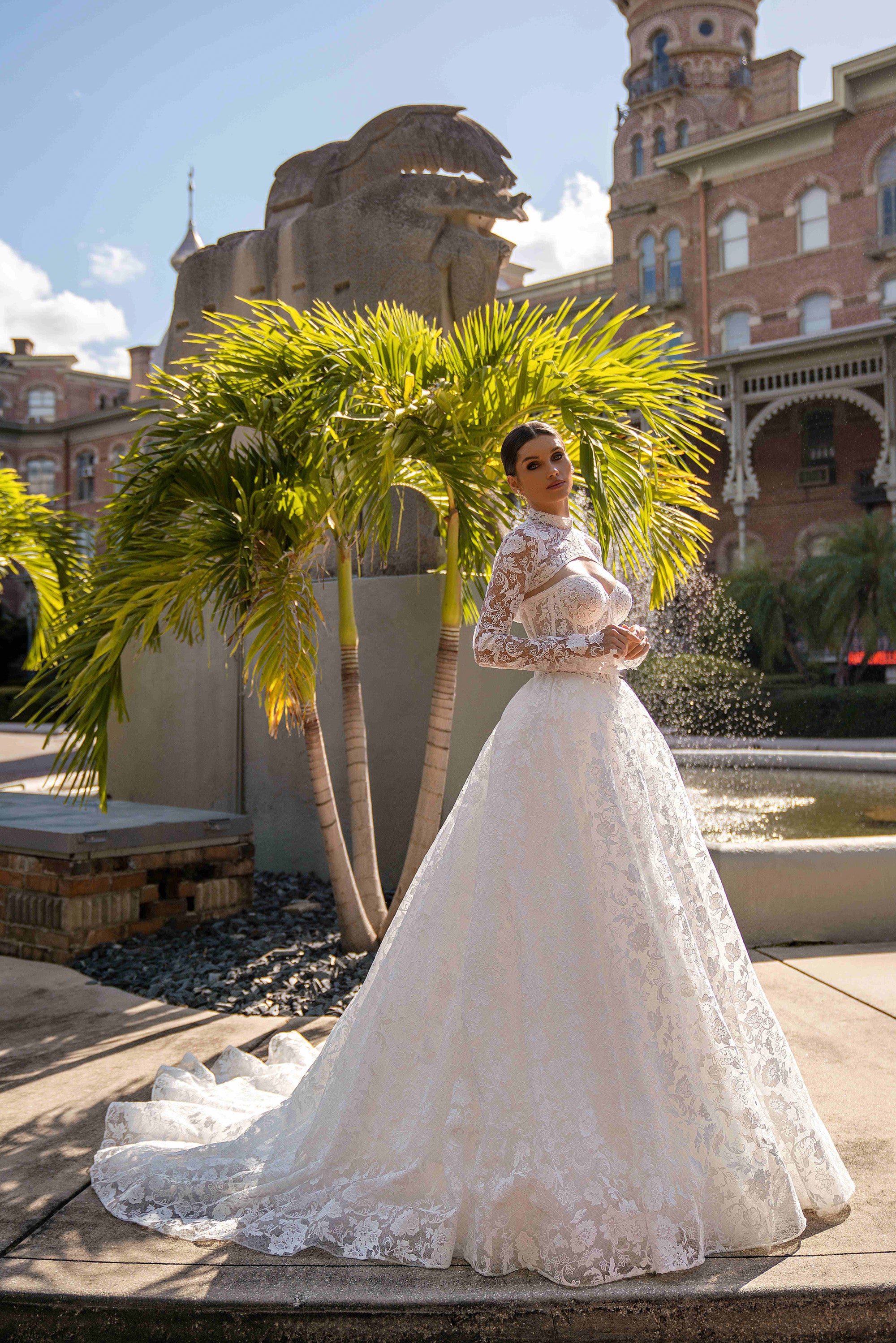 Floral Lace Ball Gown Wedding Dress with Detachable Long Sleeves