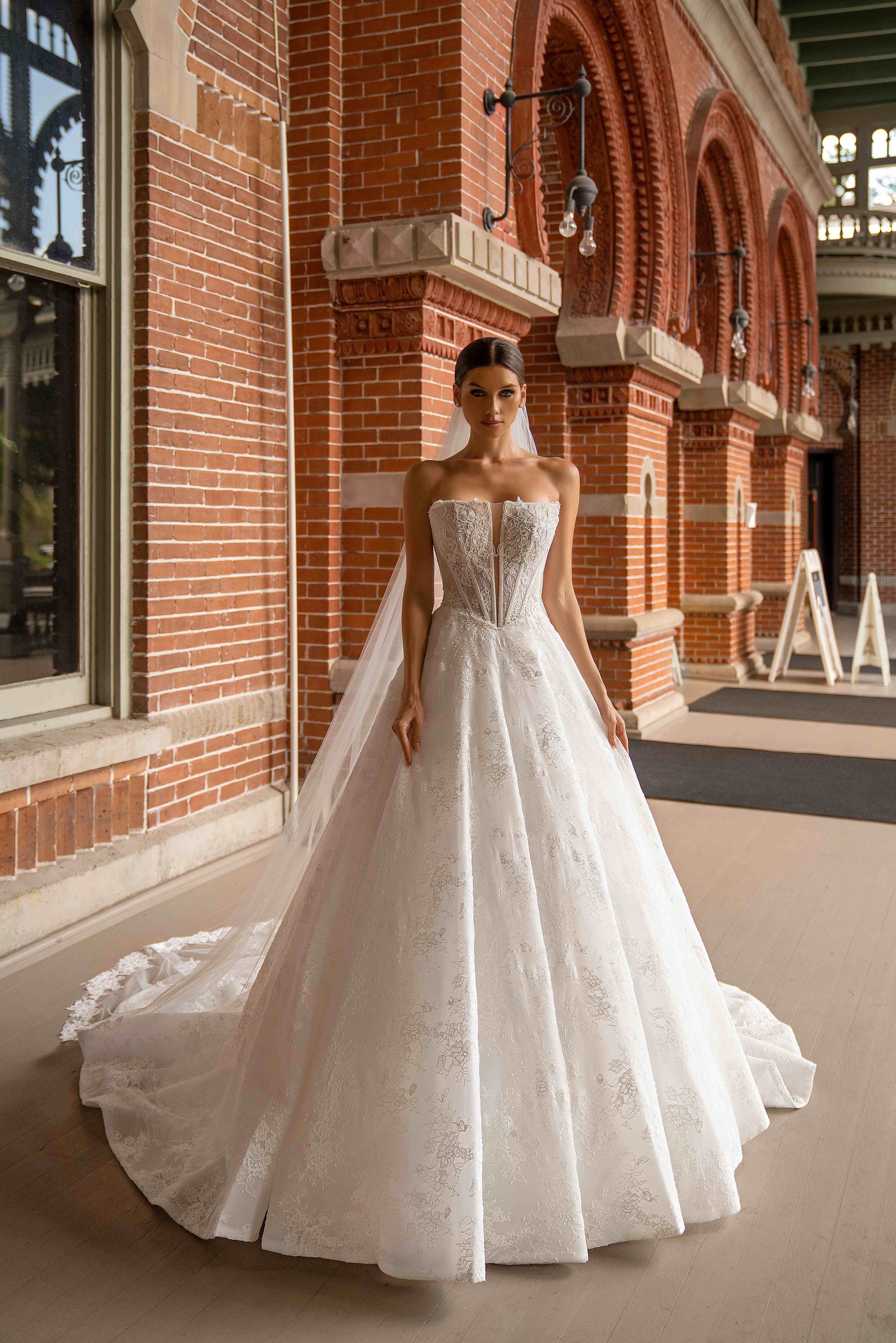 Strapless Lace A-Line Wedding Dress with Plunging Bodice
