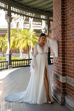 Boho Chiffon A-Line Wedding Dress with Long Bell Sleeves